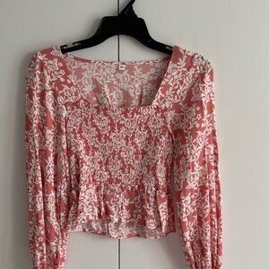 SHEIN Red and White Smocked 3/4 Sleeve Blouse